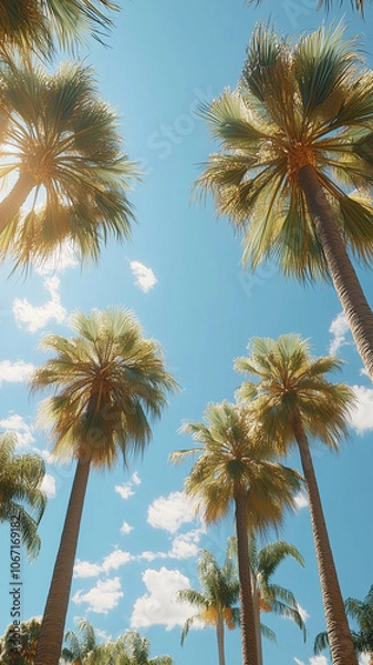 Obraz Polaroid Style Postmodern Vintage Sunlit Palm Trees Against Clear Blue Sky with Clouds