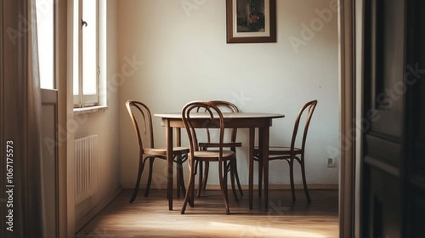 Fototapeta Dining room as seen from the entrance, with a cozy table and chairs, and an empty white wall behind, ideal for a relaxed, modern aesthetic.