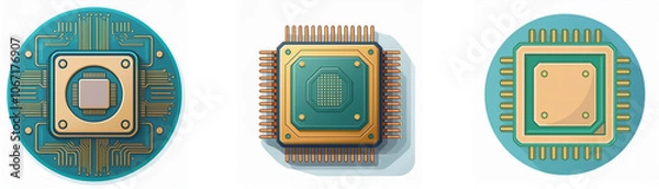 Fototapeta Three stylized depictions of computer chips, each with a unique design.