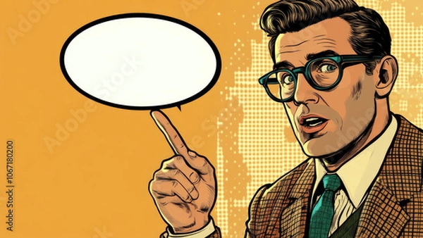 Fototapeta Retro comic-style man in glasses pointing with speech bubble