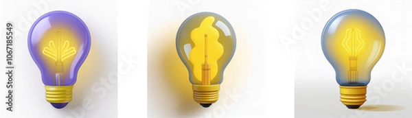 Fototapeta Three light bulbs with different colored glass and glowing filaments inside.