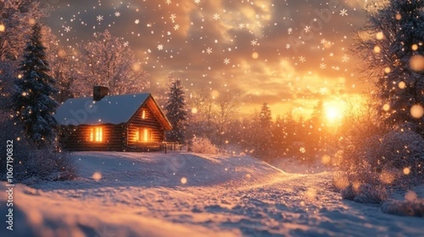 Obraz Snowy scene with a cabin in the middle of a snowy forest