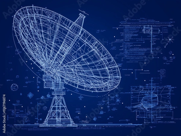 Fototapeta Radio Telescope Blueprint: A detailed blueprint of a radio telescope, a powerful instrument used to explore the universe and study celestial objects.