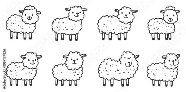 Fototapeta Set of adorable hand-drawn sheep in line art style, featuring vector illustrations of fluffy lambs, ideal for graphic designs and animal-themed projects.