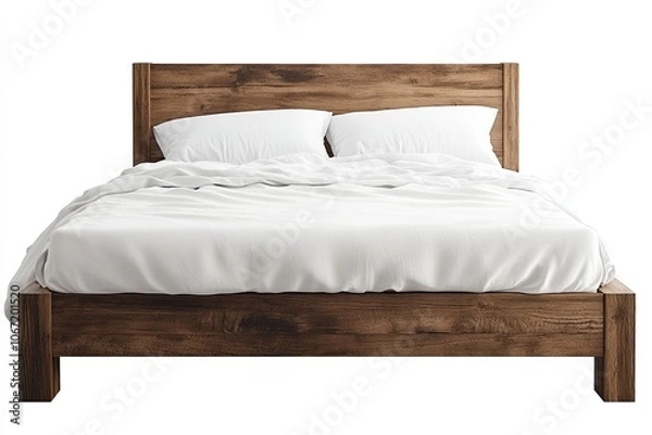 Fototapeta A bed with white linen sheets and two pillows, white background, minimalist, modern design, pure wood texture
