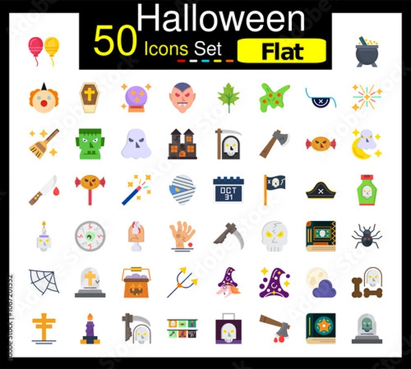 Fototapeta Set of 50 Halloween icons related to Balloons, Cauldron, Clown, Coffin Line Icon collection