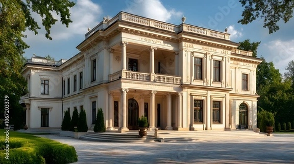 Fototapeta Elegant Villa Facade with Classical Architecture