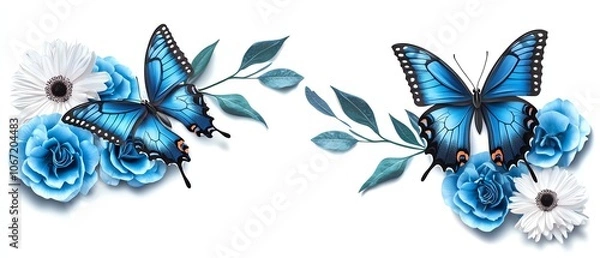 Obraz Two vibrant blue butterflies are surrounded by flowers in shades of blue and white, creating a serene and beautiful floral design.