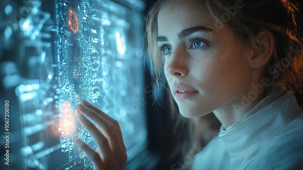 Fototapeta A Young Woman Interacts With a Futuristic Digital Interface in an Advanced Lab. Generative AI