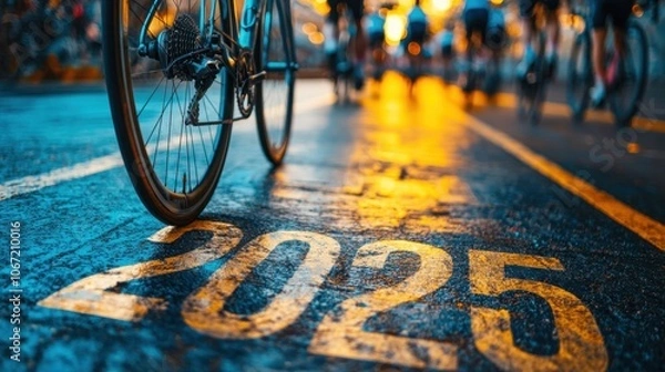 Obraz Shiny "2025" on cycling track with racing bicycle and blurred cyclists in background, dynamic energy.

