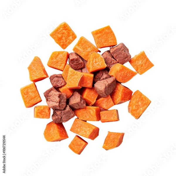 Fototapeta Chopped sweet potato and beef pieces on white isolated background