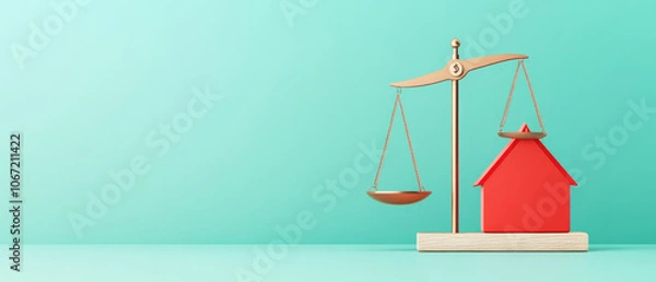 Fototapeta House with money scales in a 3D illustration, emphasizing wealth balance, modern design, and ample space for text display.