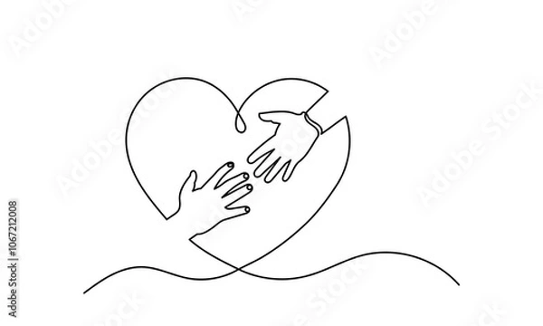 Fototapeta kindness care heart.Continuous line drawing of hand holding heart. protect our planet or earth, and it is humanity's responsibility to care for the concept of Kindness Day. Helping Hands in Heart 