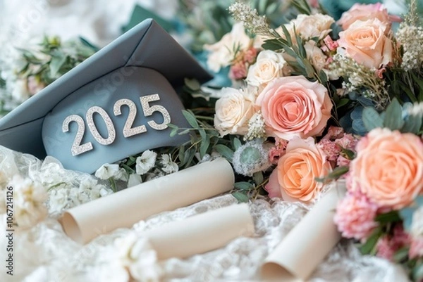 Fototapeta Silver "2025" on graduation cap with tassel, diploma scrolls, and bouquet on white background, elegant and celebratory.

