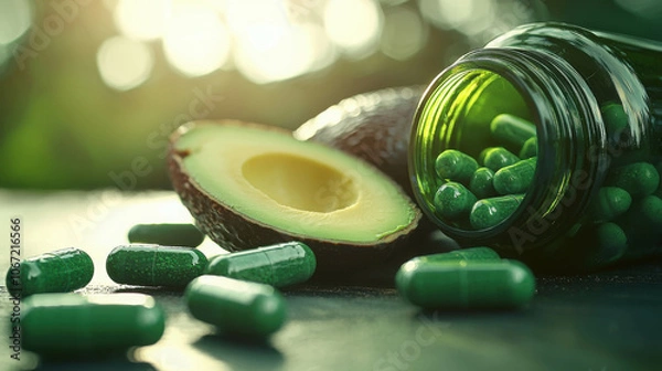 Fototapeta Fresh Avocados and Green Pills in Sunlight