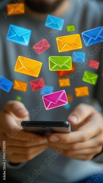 Fototapeta Colorful digital envelopes float above smartphone, symbolizing email communication in vibrant hues. Modern technology concept for messaging apps and online connectivity.