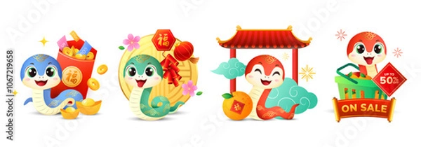 Fototapeta Happy Chinese New Year 2025 cute snake zodiac with red packet, blossom, lantern, gold ingot, shopping cart. Animal cartoon character sticker set. Vector illustration. (Translation: prosperity)
