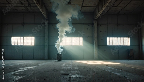 Fototapeta Smoke rising in abandoned warehouse with sunlit windows
