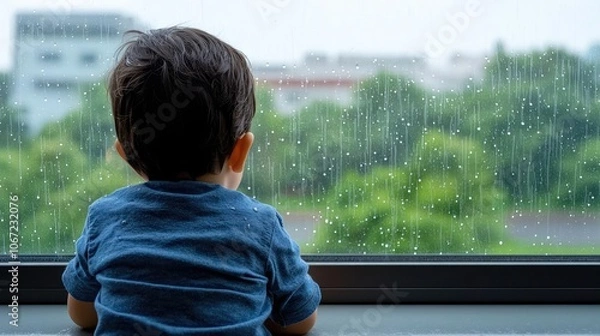 Obraz A young child gazes out a rain-speckled window, observing greenery in the background, evoking a sense of wonder and contemplation.