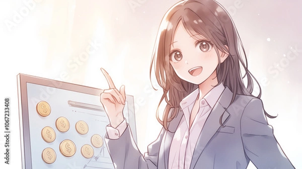 Obraz お金のことについて解説するファイナンシャルプランナーの女の子。アニメ風イラスト