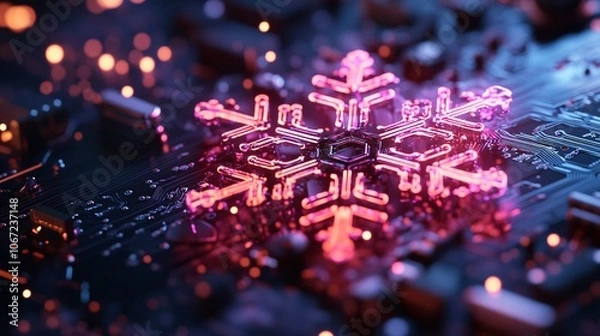Obraz A close-up of a glowing snowflake design on a circuit board, blending holiday themes with technological elements.