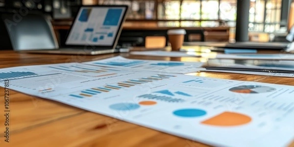 Fototapeta Financial planning meeting with charts and graphs displayed on a table.