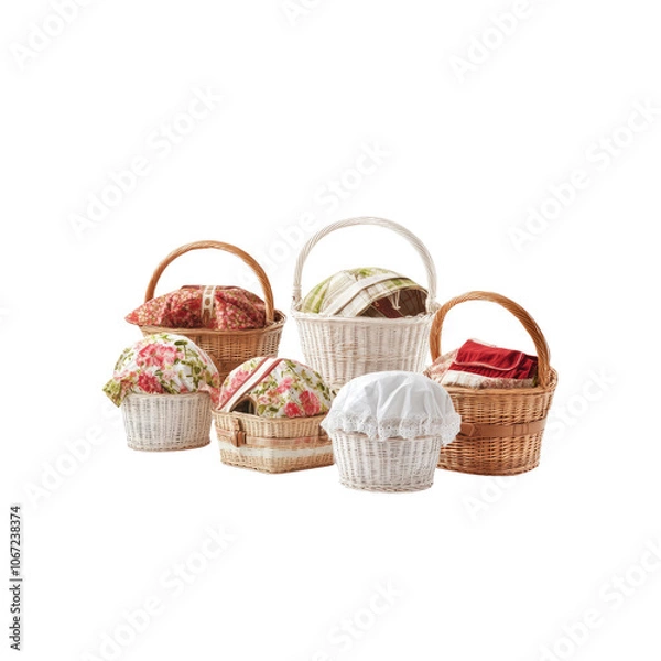 Fototapeta Collection of wicker baskets with floral fabric lining