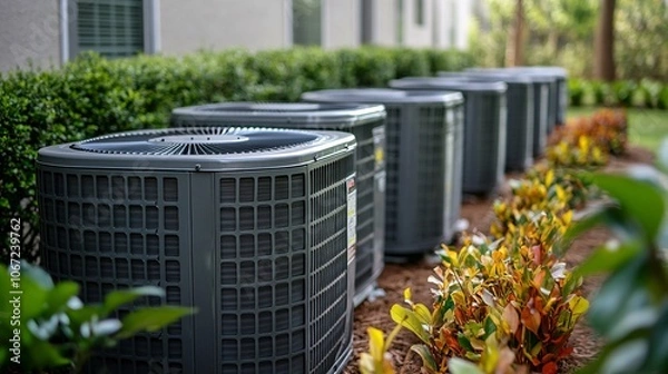Obraz Several air conditioning units lined up outside a building, surrounded by well-maintained greenery and vibrant flowers.