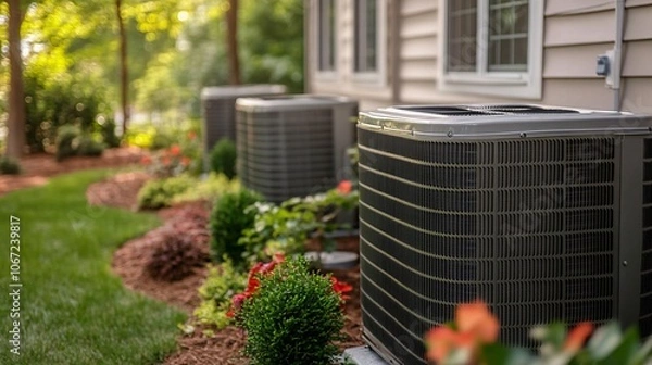 Obraz Home featuring outdoor air conditioning units surrounded by well-maintained landscaping and vibrant flowers, creating a pleasant and inviting atmosphere.