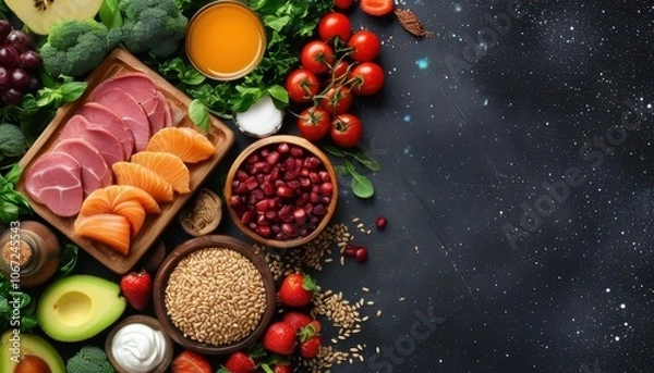 Fototapeta various types of food are arranged on a black background