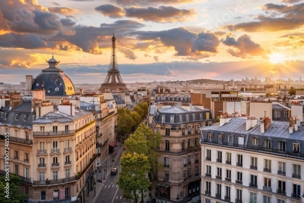 Obraz A breathtaking view of Paris at sunset, with the Eiffel Tower rising above charming rooftops and the sky painted in warm hues.