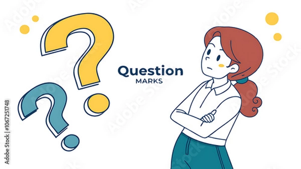 Fototapeta Thoughtful girl question marks vector illustration.
