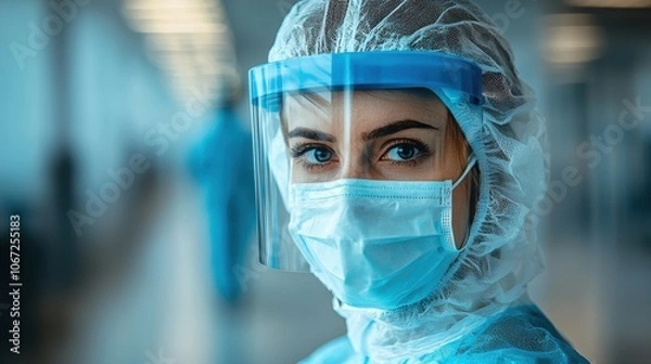 Fototapeta Protective Gear: Scientist in Lab Coat, Mask, and Face Shield