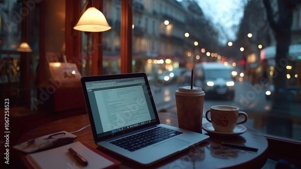 Fototapeta language student practicing vocabulary on a laptop in a cozy cafe, with a notebook, pen, and cup of coffee