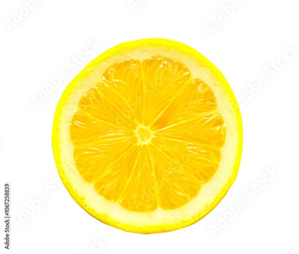 Obraz Fresh juicy lemon slice isolated on a white background showing vibrant yellow color and citrus texture for a healthy organic look