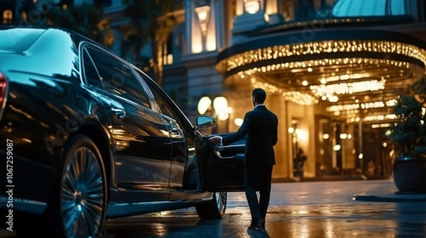 Obraz chauffeur service driver holding open the door of a sleek black limousine for a client
