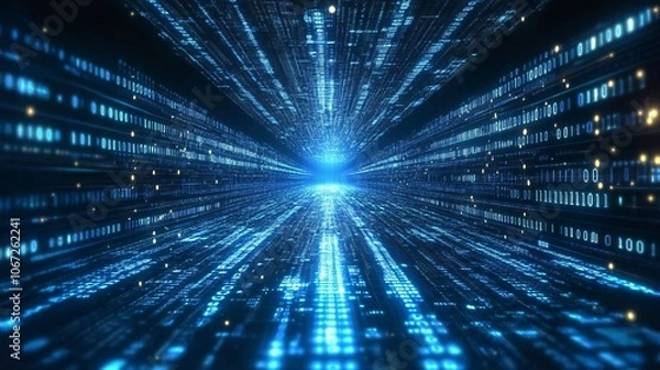 Fototapeta A futuristic image showcasing a tunnel of glowing blue data streams converging towards a bright center, evoking a sense of speed and technological advancement.