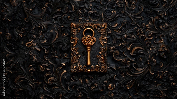 Obraz A decorative key set against an ornate, dark background, evoking mystery and intrigue.