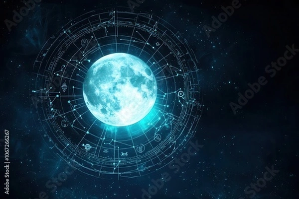 Fototapeta Astrological chart with a glowing full moon, celestial astrological symbols, and cosmic background.