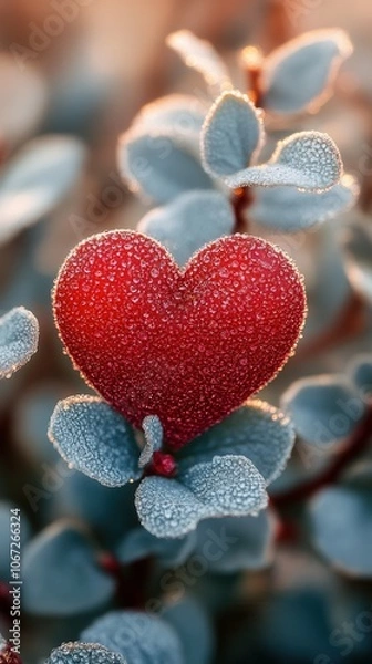 Obraz A red heart, adorned with dewdrops, sits prominently among lush green foliage in the soft light of dawn. The contrasts between the heart and leaves create a captivating visual harmony, evoking feeling