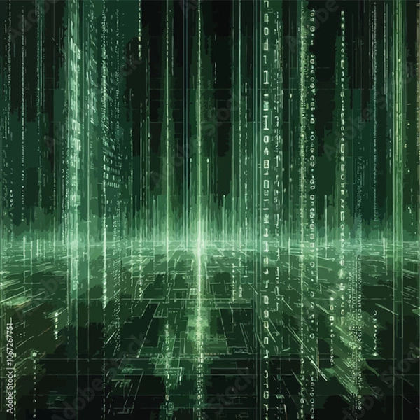 Obraz Matrix-like screen with coded data flowing vertically in green