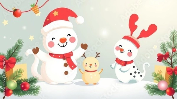 Fototapeta Adorable collection of Christmas characters and animals in festive attire, perfect for holiday graphic design projects, joyful, whimsical, festive