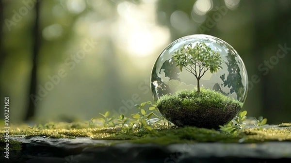 Fototapeta Digital globe with green pathways symbolizing netzero emissions, ecofuturism concept
