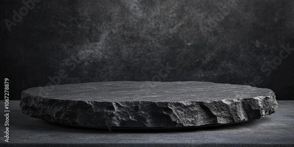Fototapeta Round black stone podium with textured surface, ideal for product placement, set in a dramatic, dark setting
