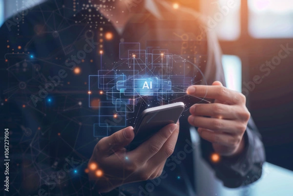 Fototapeta Man using Ai Phone with  virtual digital chatbot, robot application, conversation assistant, AI