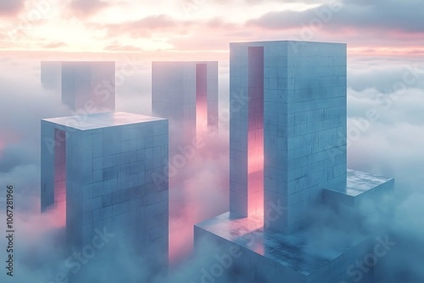 Fototapeta Abstract architectural structures rise from the clouds at sunset.