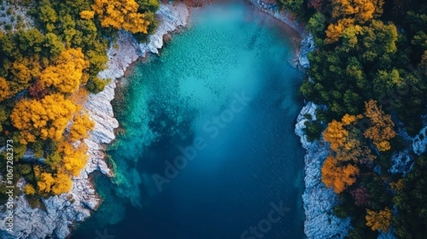 Fototapeta Aerial view of a serene lake bordered by vibrant autumn trees, showcasing an array of colors, Ideal for travel articles, nature blogs, or as a wallpaper to evoke tranquility and natural beauty,
