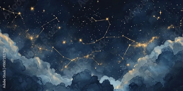 Obraz Seamless night sky pattern with gold foil constellations and stars, soft watercolor clouds in rich midnight hues, creating a dreamy celestial look