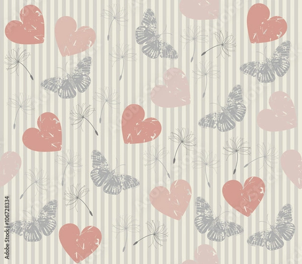 Fototapeta Stylish seamless pattern with hearts, butterfly's , lines and da