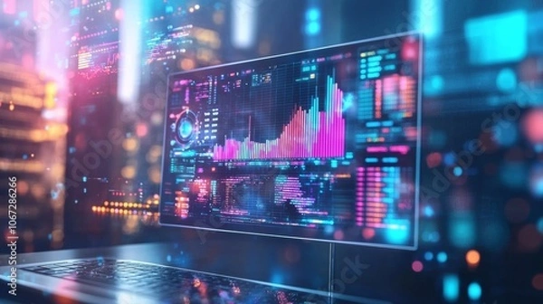 Fototapeta Digital stock market analysis interface with data charts and neon lights